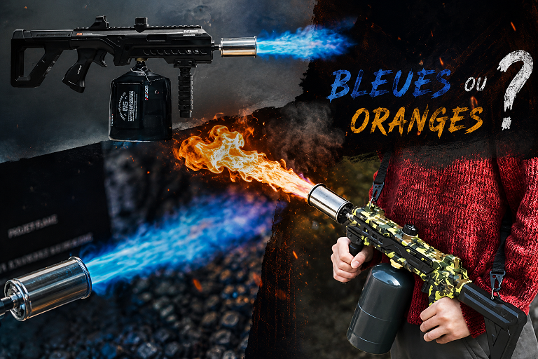 Flamme présentant des zones bleues et oranges sur fond sombre